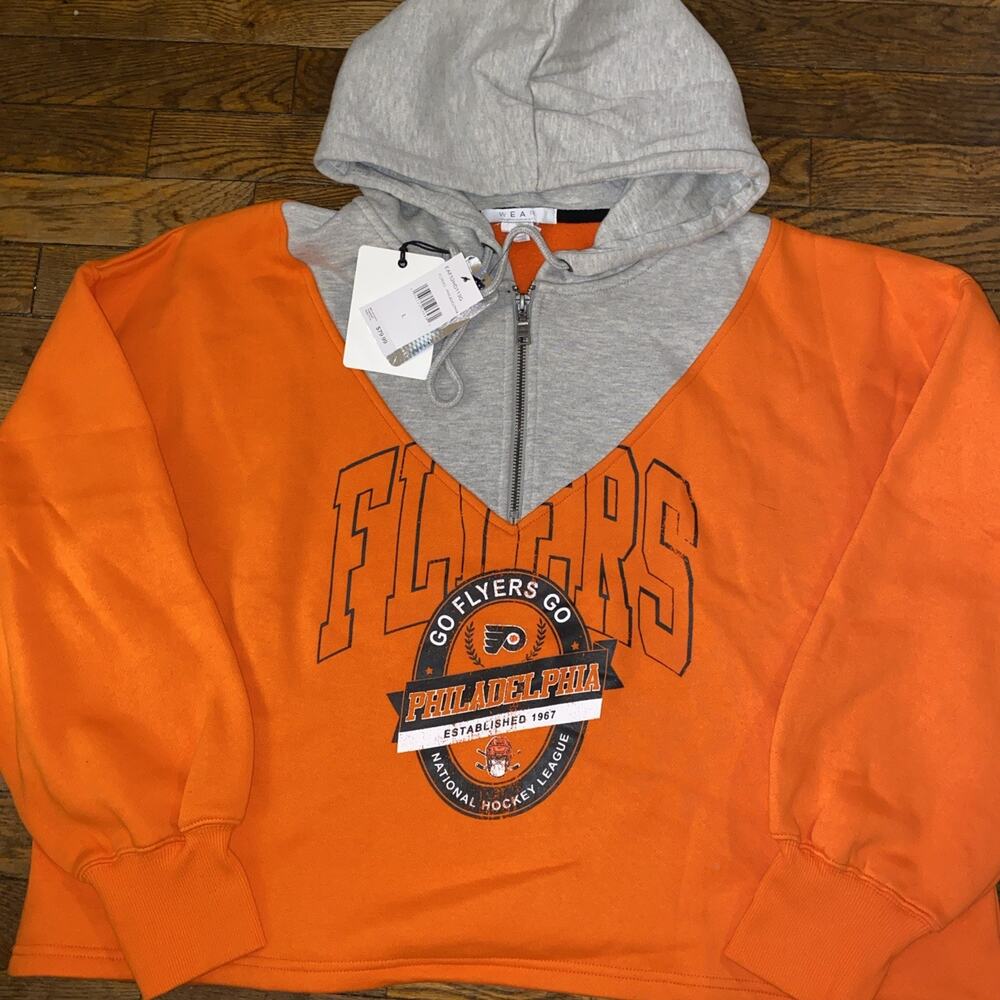 NHL Philadelphia Flyers Wear Erin Andrews 1/4 Zip Hoodie Crop Sweatshirt Woman L